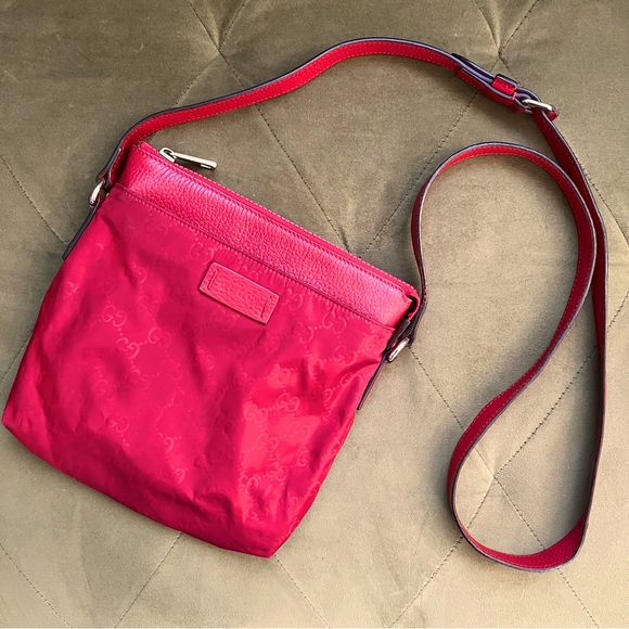 Gucci GG Red Nylon Crossbody Bag Monogram Dollar Calfskin